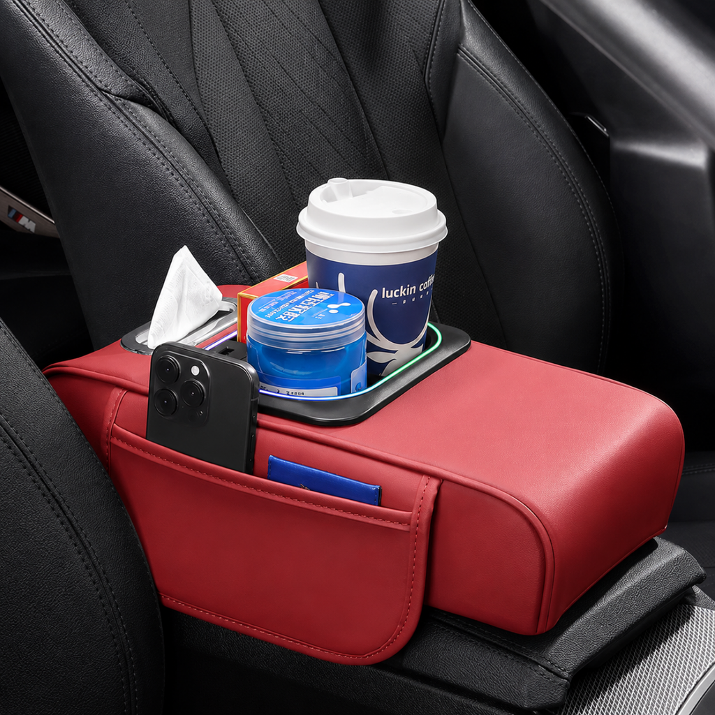 Multifunktionaler Autoarmlehnen-Organizer mit USB-Ladeanschluss und LED-Licht