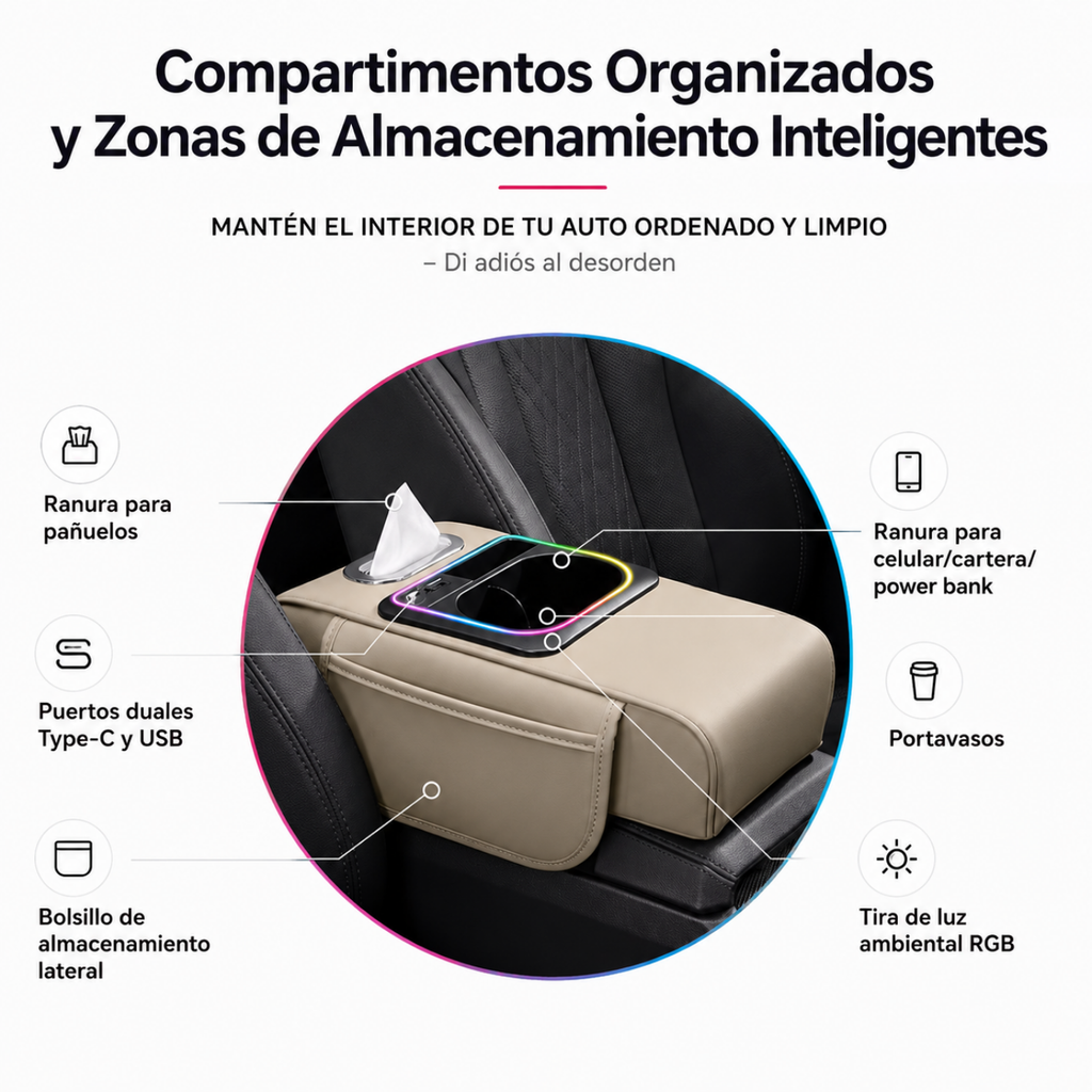 Multifunktionaler Autoarmlehnen-Organizer mit USB-Ladeanschluss und LED-Licht