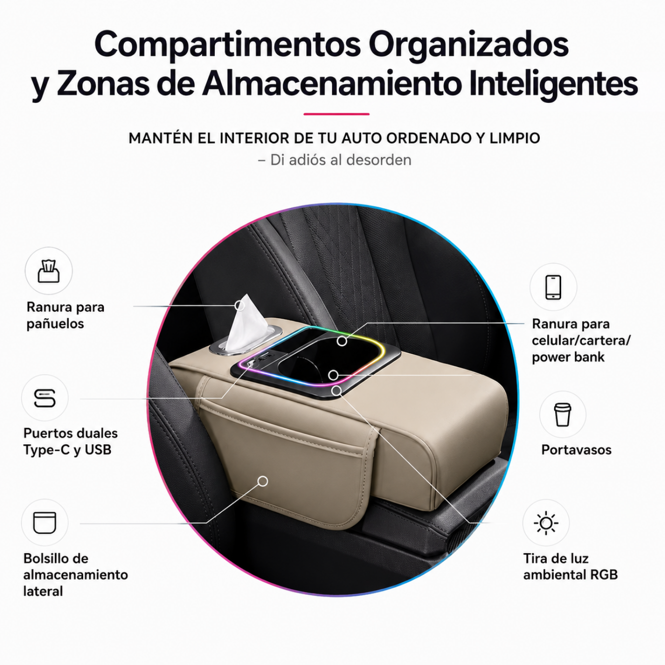 Multifunktionaler Autoarmlehnen-Organizer mit USB-Ladeanschluss und LED-Licht